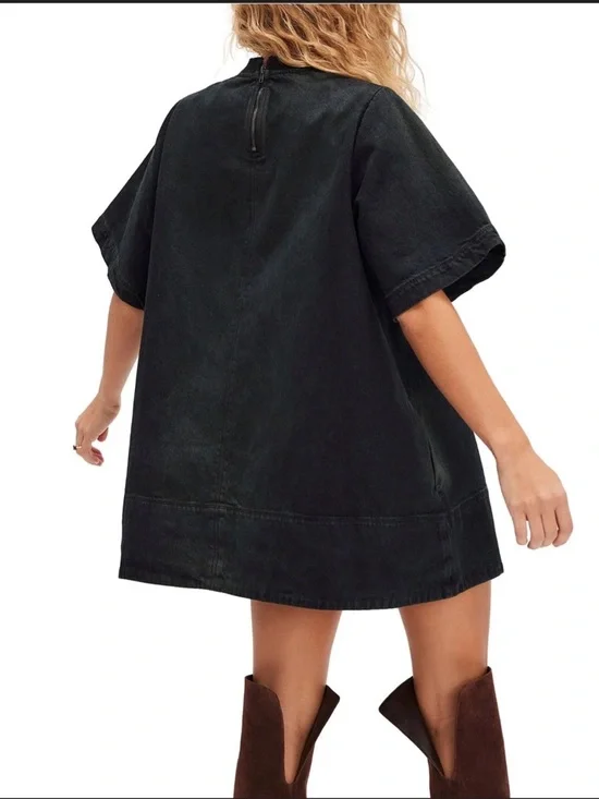 NWT Free People DenimWashed Harlow A Line Mini Dress in Anthracite 2 pockets - Picture 2 of 11